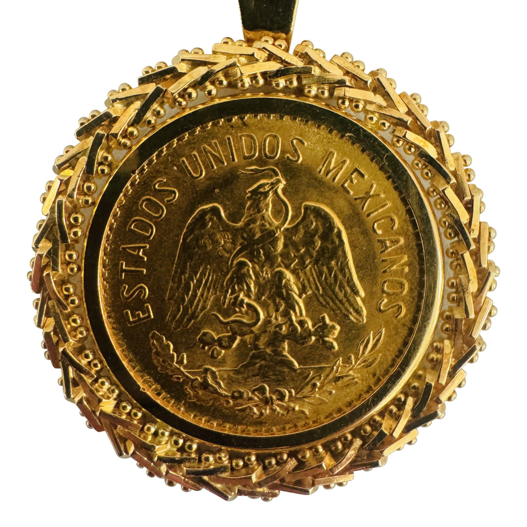22k Gold Mexican Five Peso Coin and 18k Beaded Wheat Pendant Necklace 16"