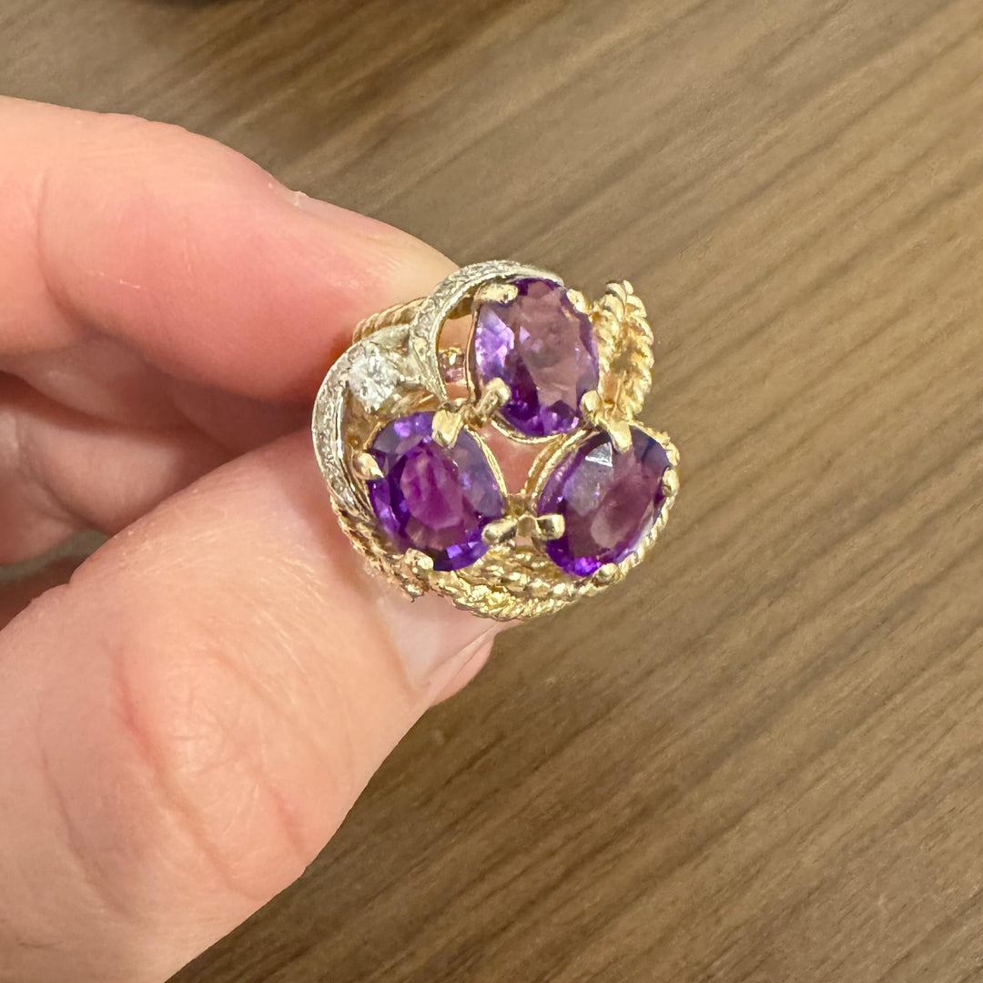 14k Yellow Gold Amethyst and Diamond 10.5g Solid Ladies Ring Size 3.25