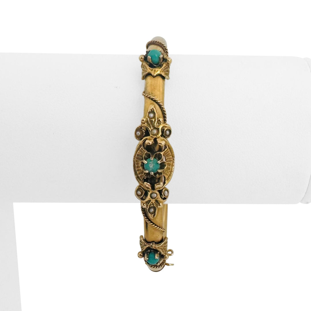 14k Yellow Gold 14.8g Turquoise and Seed Pearl Vintage Bangle Bracelet 6.5"