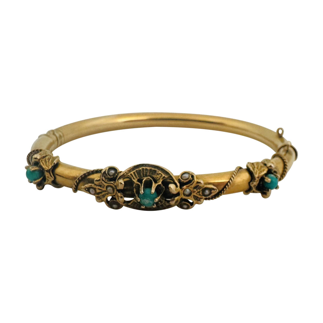 14k Yellow Gold 14.8g Turquoise and Seed Pearl Vintage Bangle Bracelet 6.5"