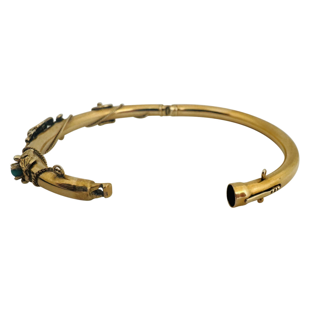 14k Yellow Gold 14.8g Turquoise and Seed Pearl Vintage Bangle Bracelet 6.5"
