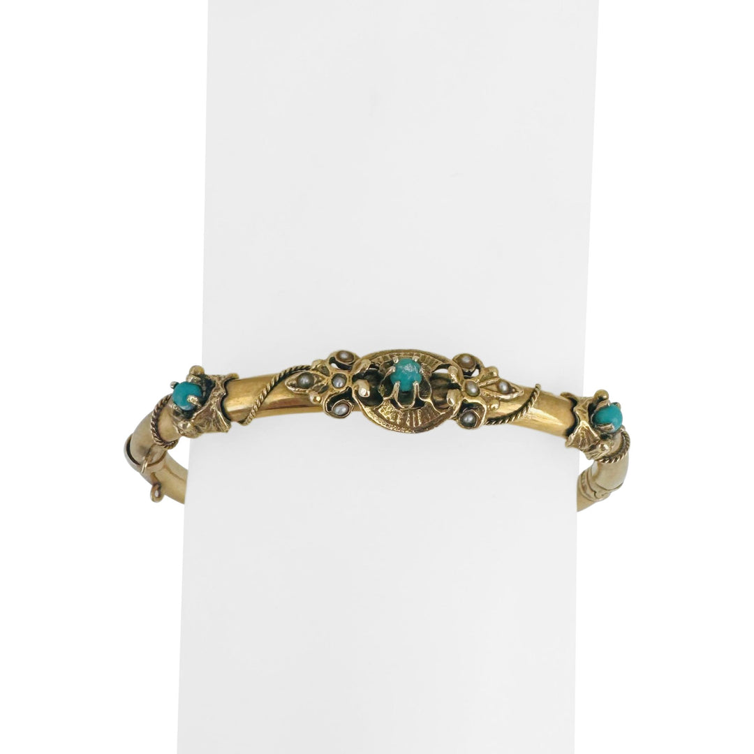14k Yellow Gold 14.8g Turquoise and Seed Pearl Vintage Bangle Bracelet 6.5"