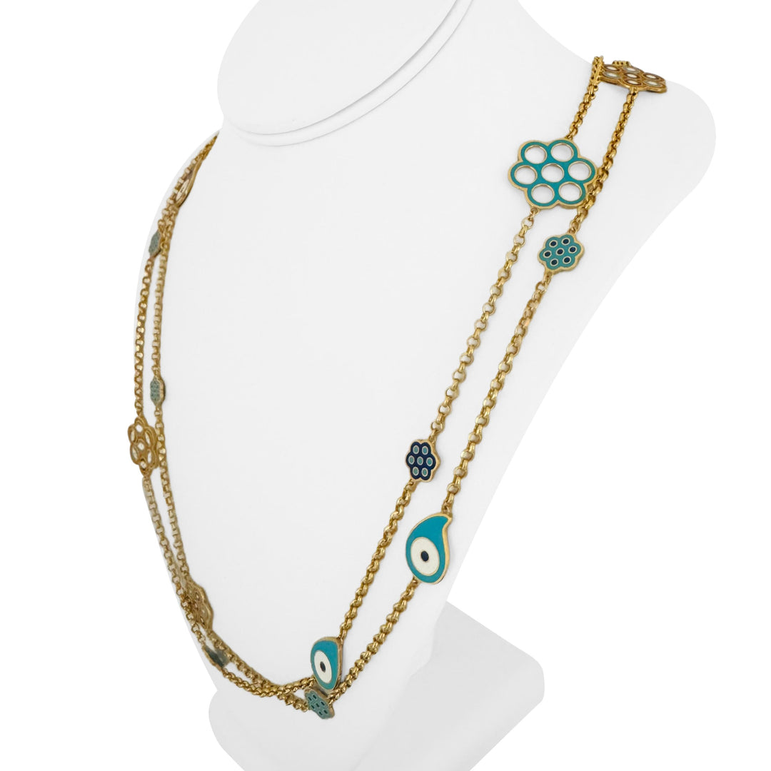 21k Yellow Gold and Enamel Very Long Evil Eye Rolo Link Station Necklace 62"