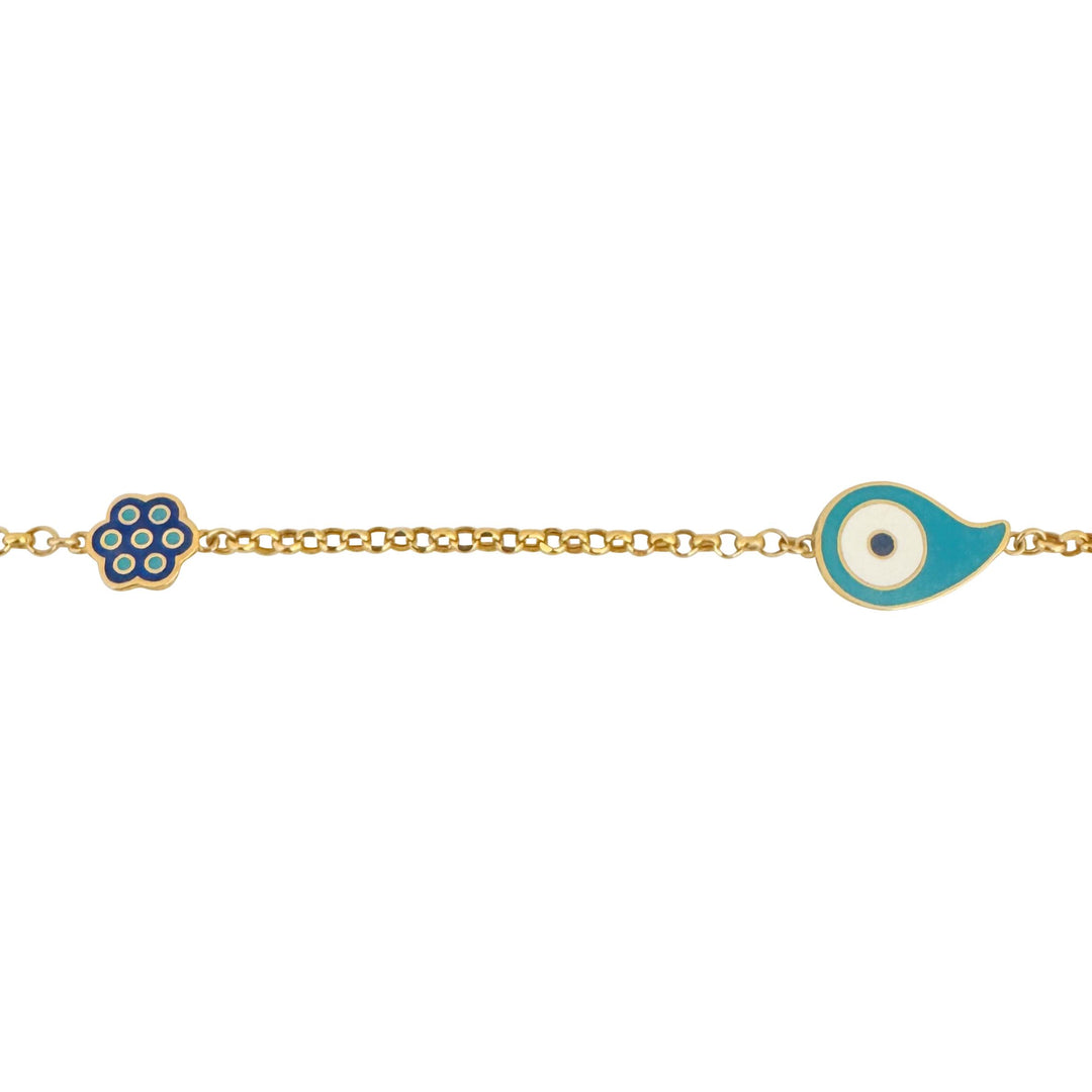 21k Yellow Gold and Enamel Very Long Evil Eye Rolo Link Station Necklace 62"