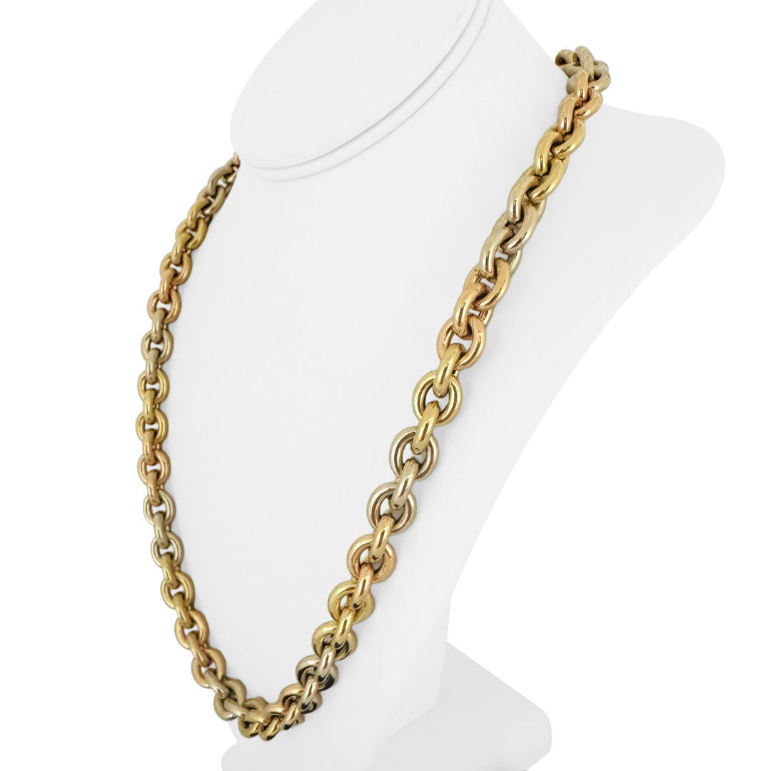 18k Yellow White and Rose Gold 68g Tri Tone Cable Link Necklace 24"