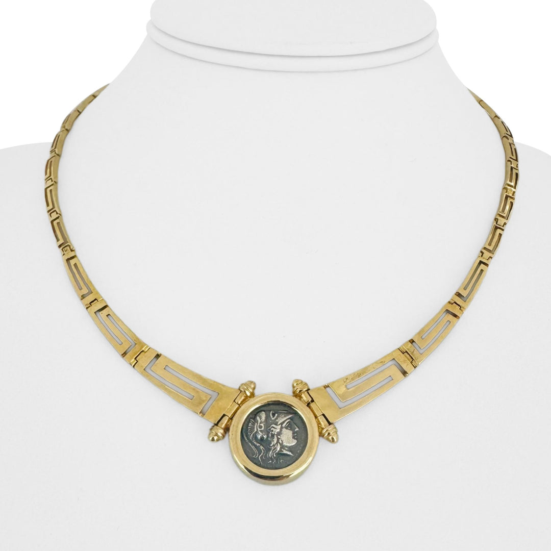 18k Yellow Gold 25.8g Greek Key Coin Pendant Necklace 16"
