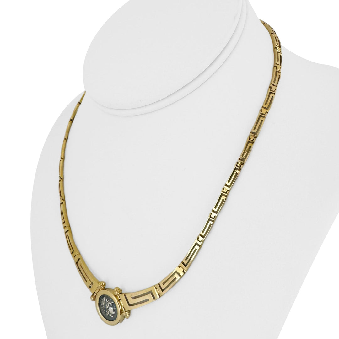18k Yellow Gold 25.8g Greek Key Coin Pendant Necklace 16"