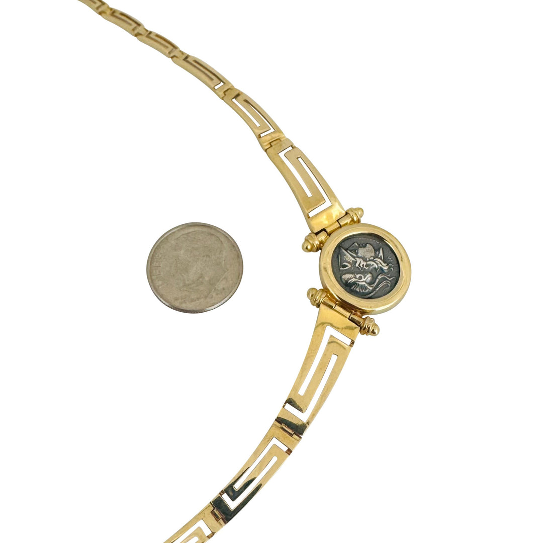 18k Yellow Gold 25.8g Greek Key Coin Pendant Necklace 16"