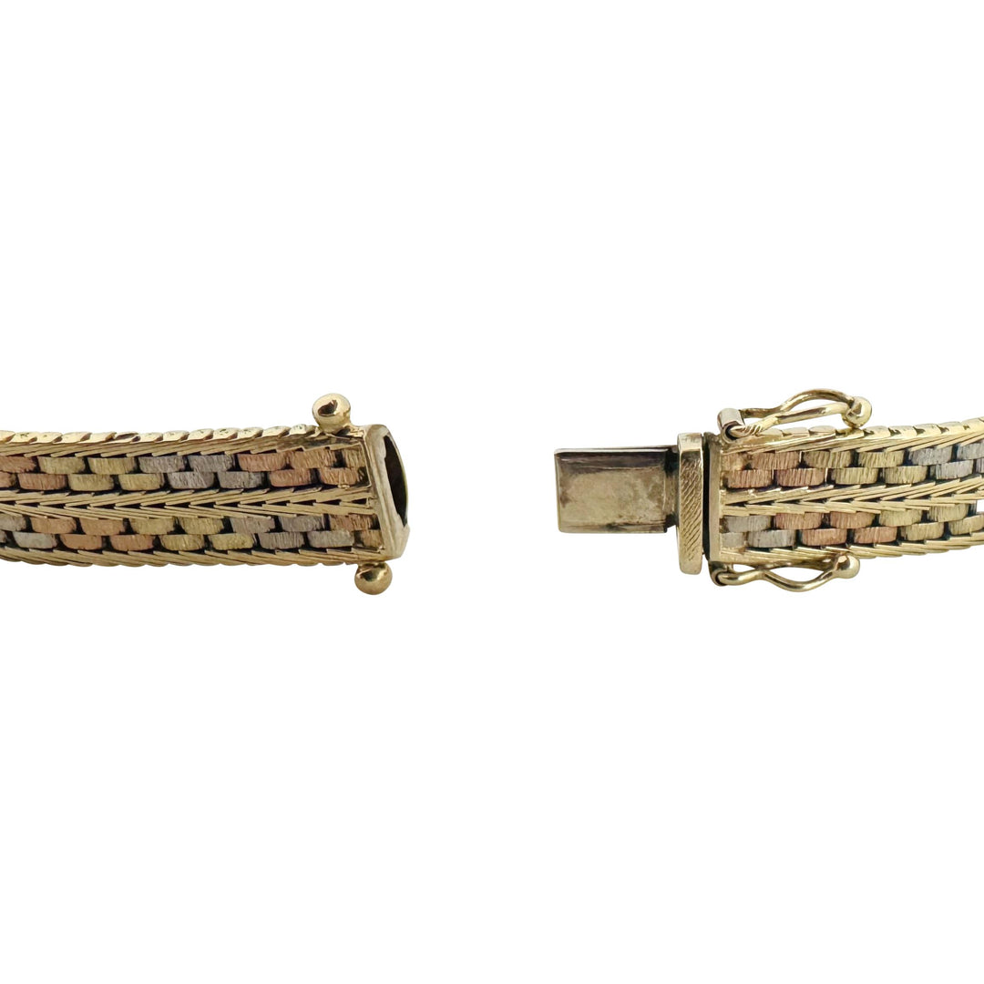 14k Tri Tone Gold 19.6g Solid Vintage 8mm Fancy Link Bracelet Italy 7"