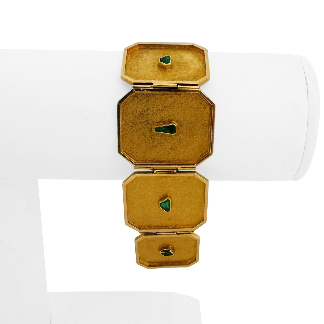 18k Yellow Gold and Emerald 31g Solid Unique Plate Link Bracelet 7.5"