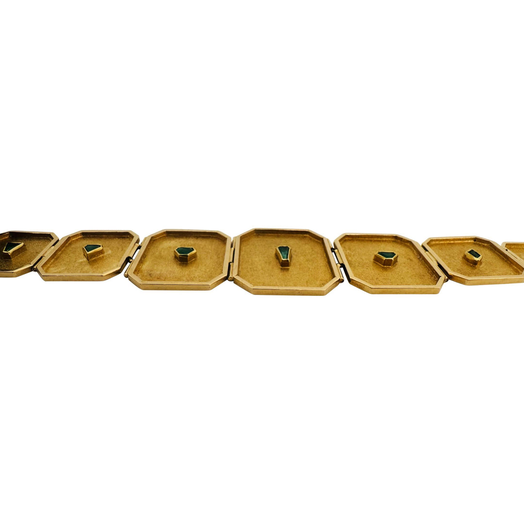 18k Yellow Gold and Emerald 31g Solid Unique Plate Link Bracelet 7.5"