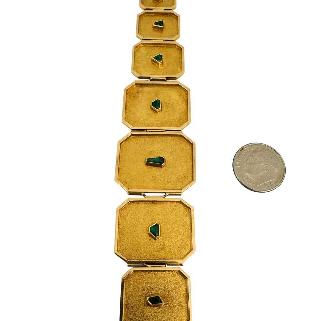 18k Yellow Gold and Emerald 31g Solid Unique Plate Link Bracelet 7.5"