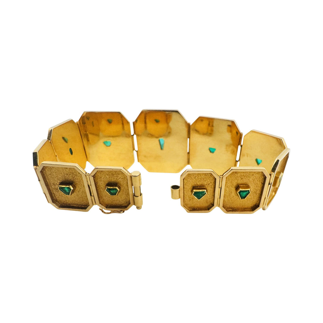 18k Yellow Gold and Emerald 31g Solid Unique Plate Link Bracelet 7.5"
