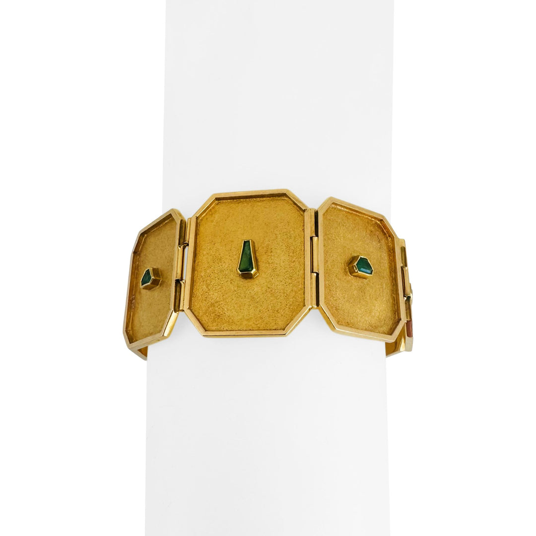 18k Yellow Gold and Emerald 31g Solid Unique Plate Link Bracelet 7.5"