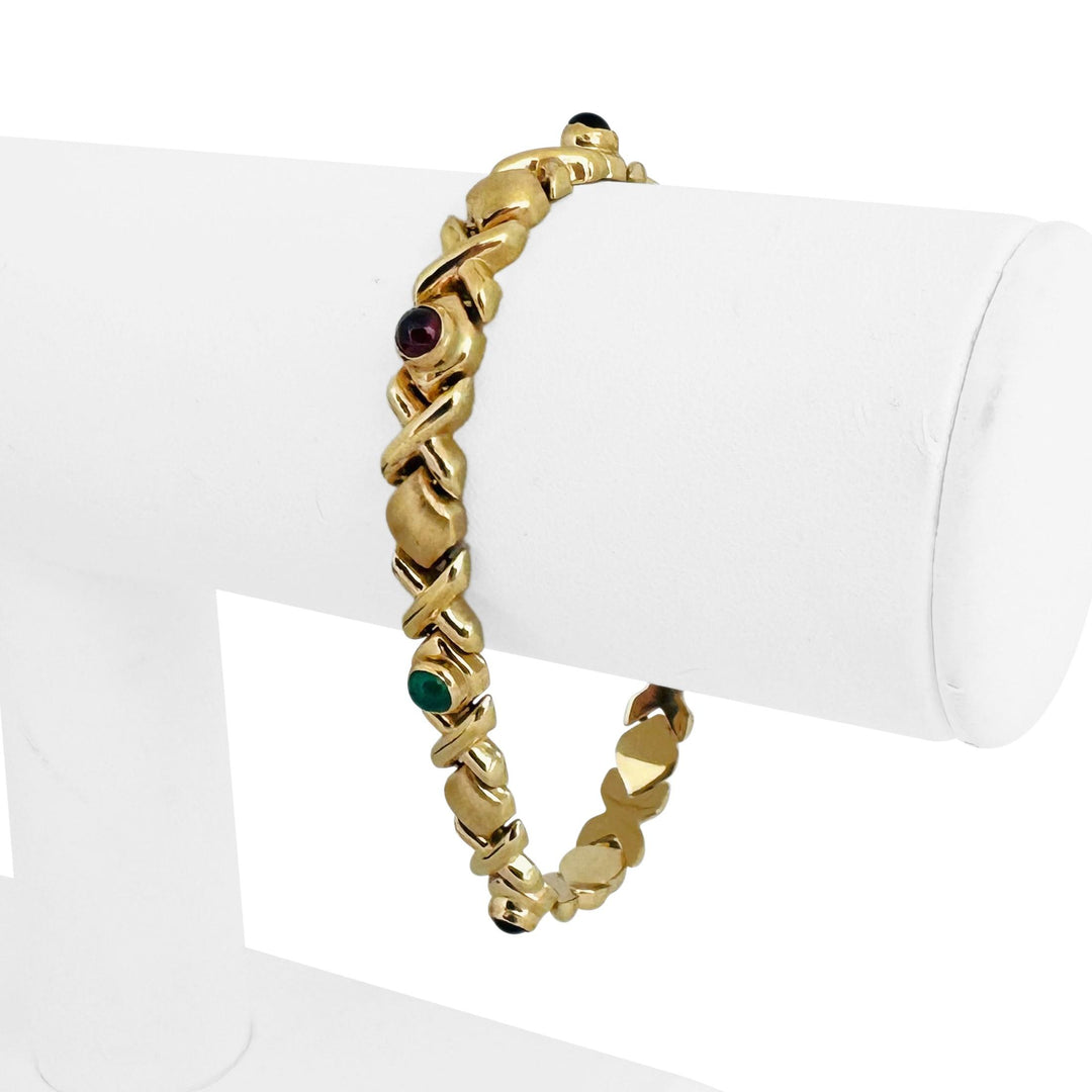 14k Yellow Gold 11.8g Multi Cabochon Gemstone XO Link Bracelet 7"