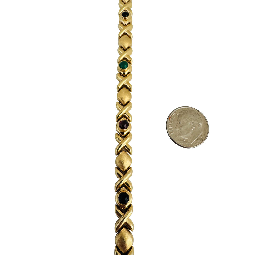 14k Yellow Gold 11.8g Multi Cabochon Gemstone XO Link Bracelet 7"