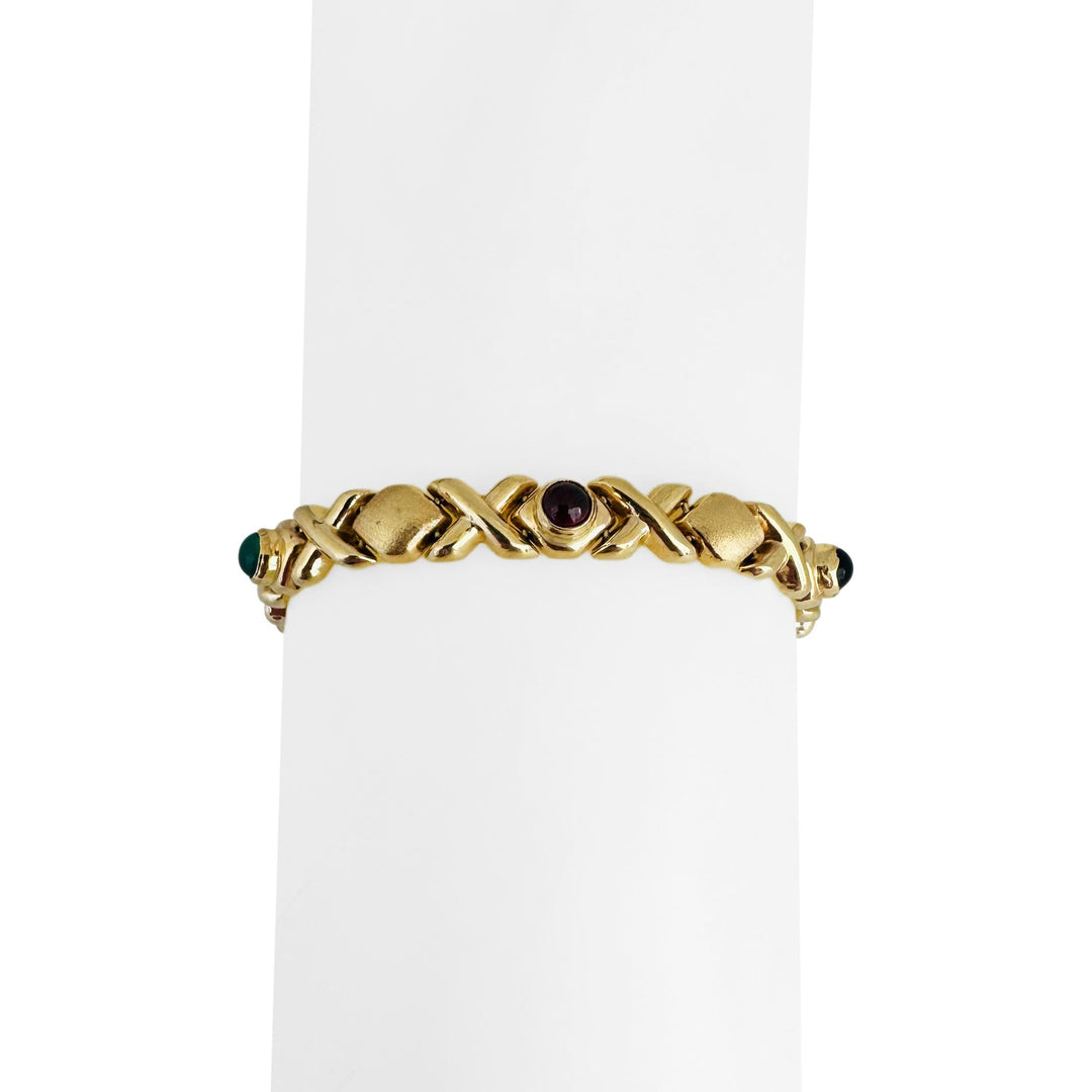 14k Yellow Gold 11.8g Multi Cabochon Gemstone XO Link Bracelet 7"