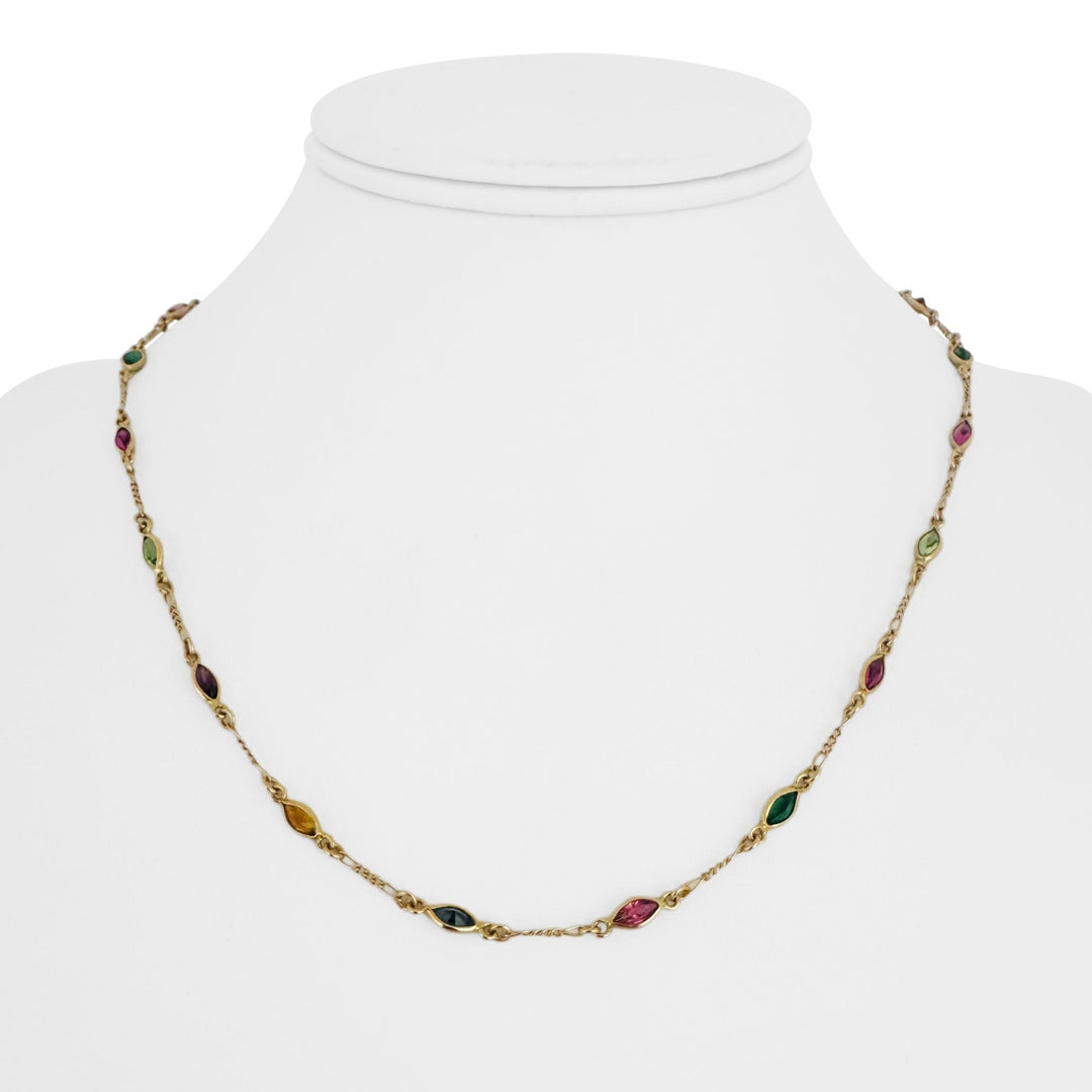 14k Yellow Gold 5.6g Figaro Link Green and Pink Glass Station Necklace Italy 18"