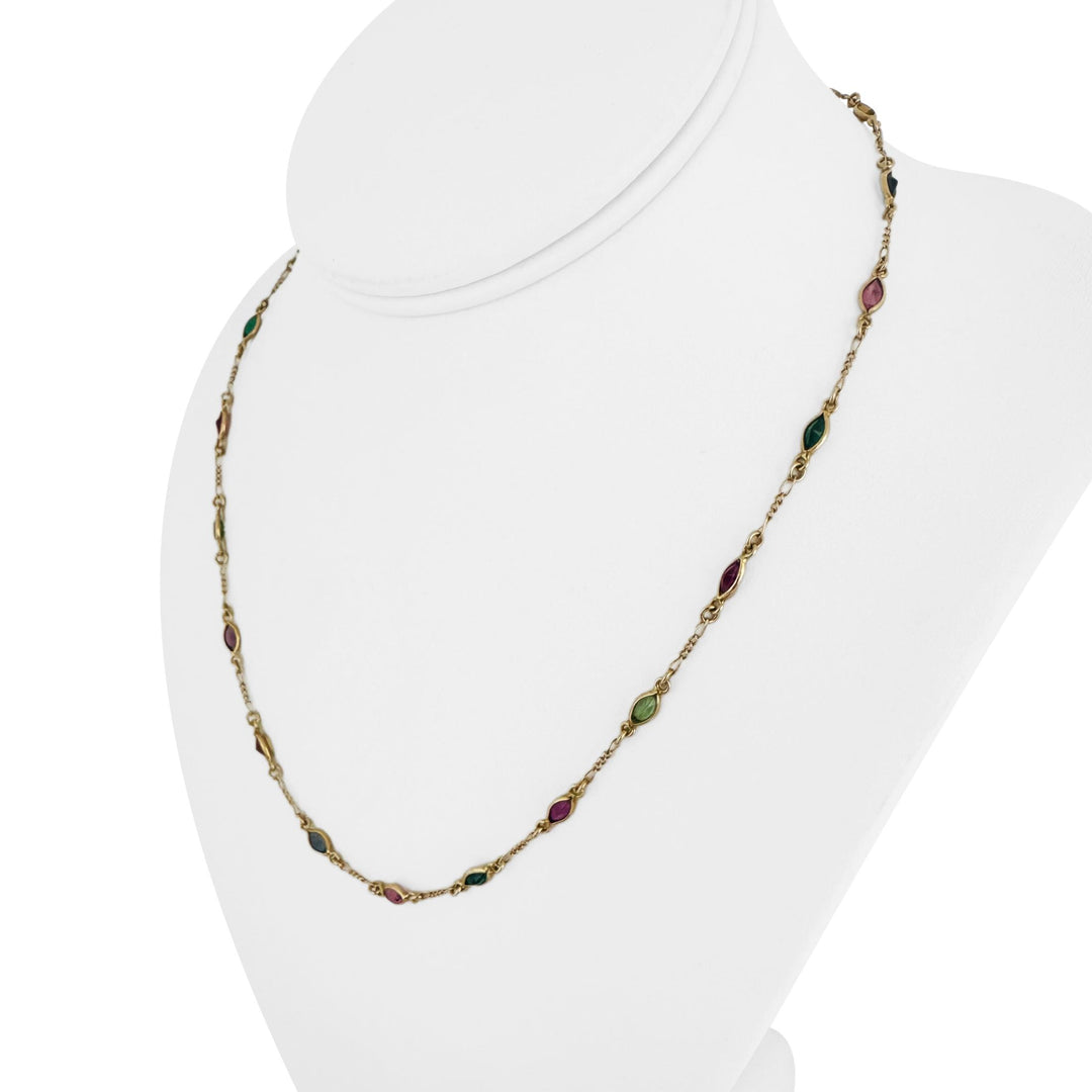 14k Yellow Gold 5.6g Figaro Link Green and Pink Glass Station Necklace Italy 18"
