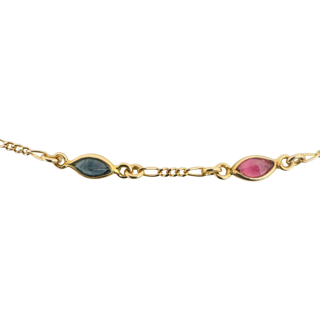 14k Yellow Gold 5.6g Figaro Link Green and Pink Glass Station Necklace Italy 18"
