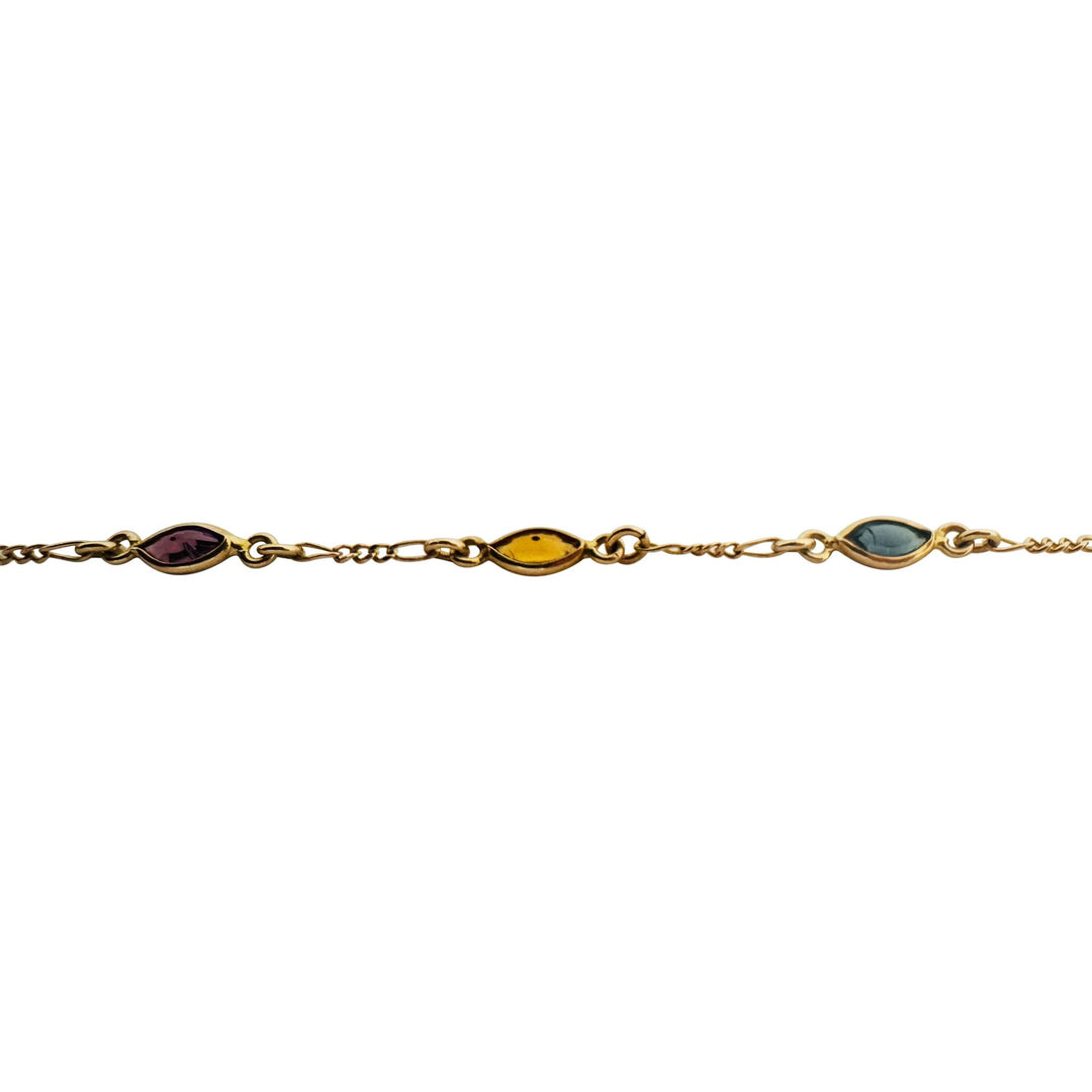 14k Yellow Gold 5.6g Figaro Link Green and Pink Glass Station Necklace Italy 18"