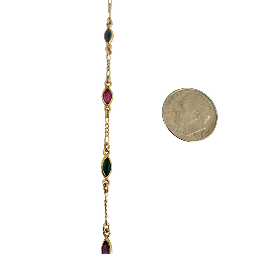 14k Yellow Gold 5.6g Figaro Link Green and Pink Glass Station Necklace Italy 18"