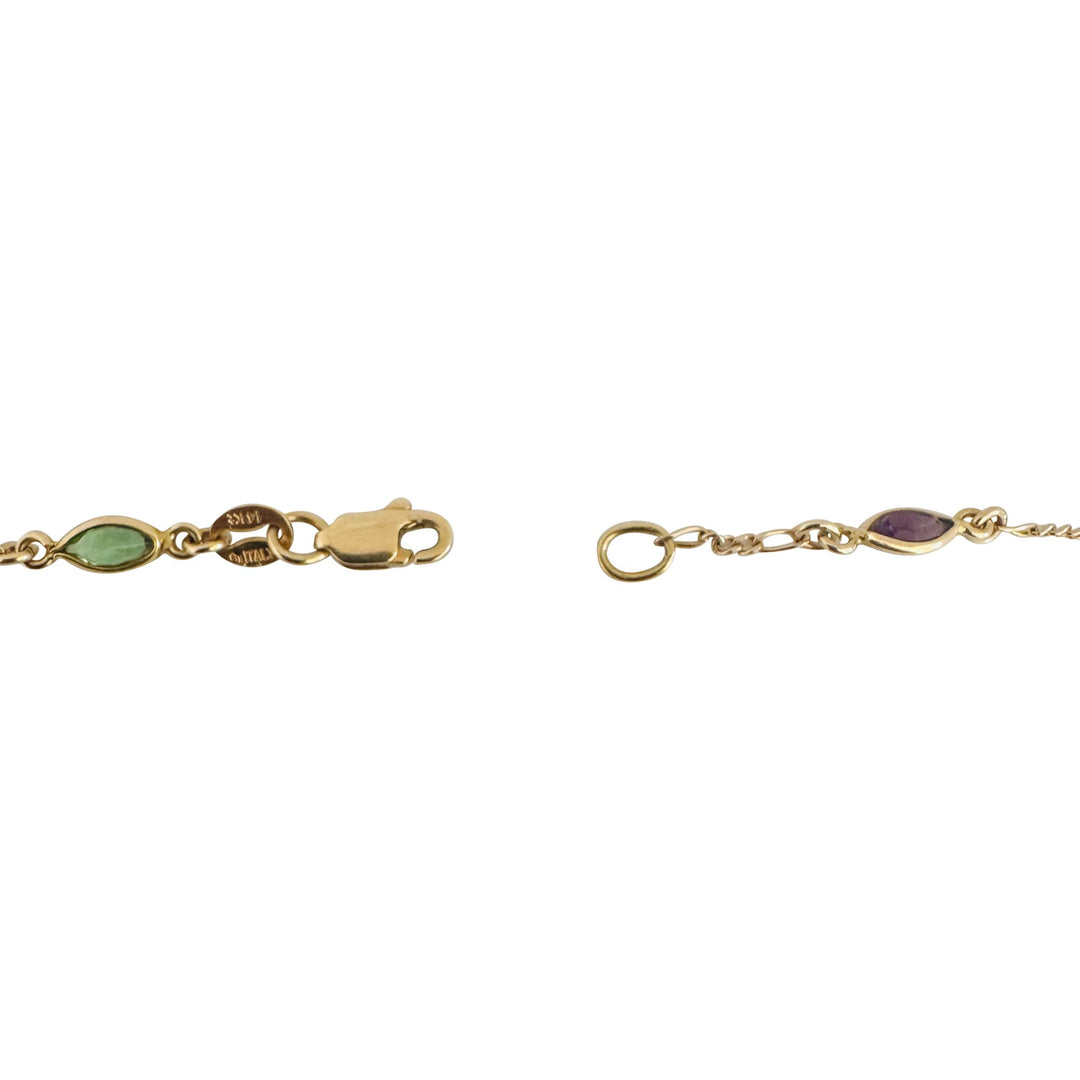 14k Yellow Gold 5.6g Figaro Link Green and Pink Glass Station Necklace Italy 18"