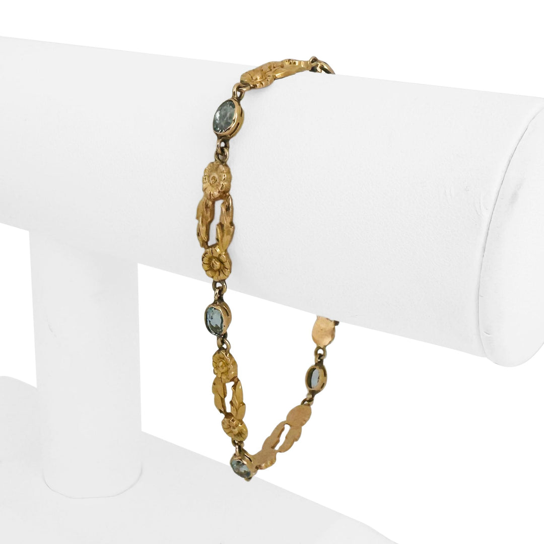 14k Yellow Gold and Aquamarine 12g Solid Fancy Floral Link Bracelet 8"