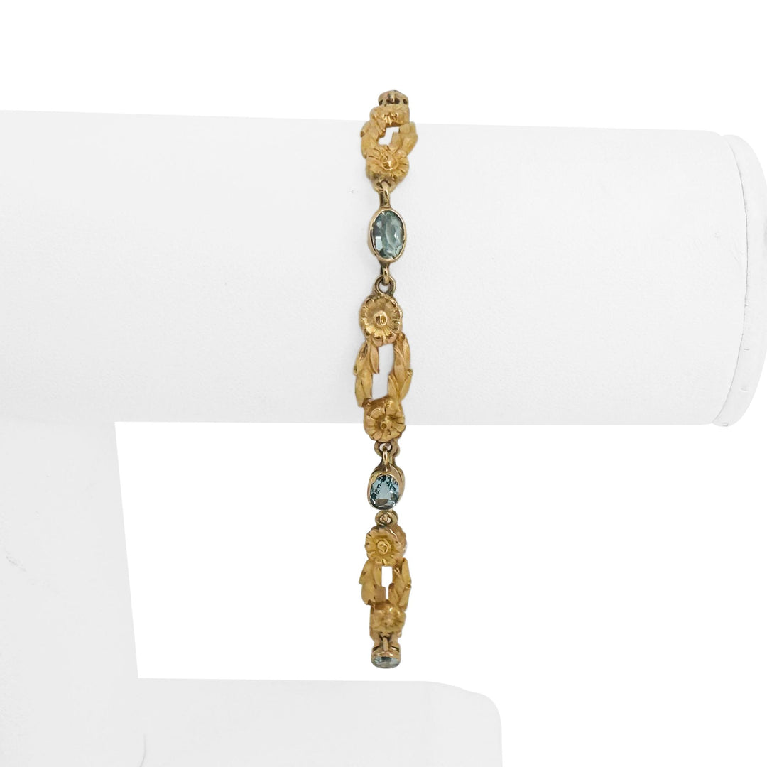 14k Yellow Gold and Aquamarine 12g Solid Fancy Floral Link Bracelet 8"