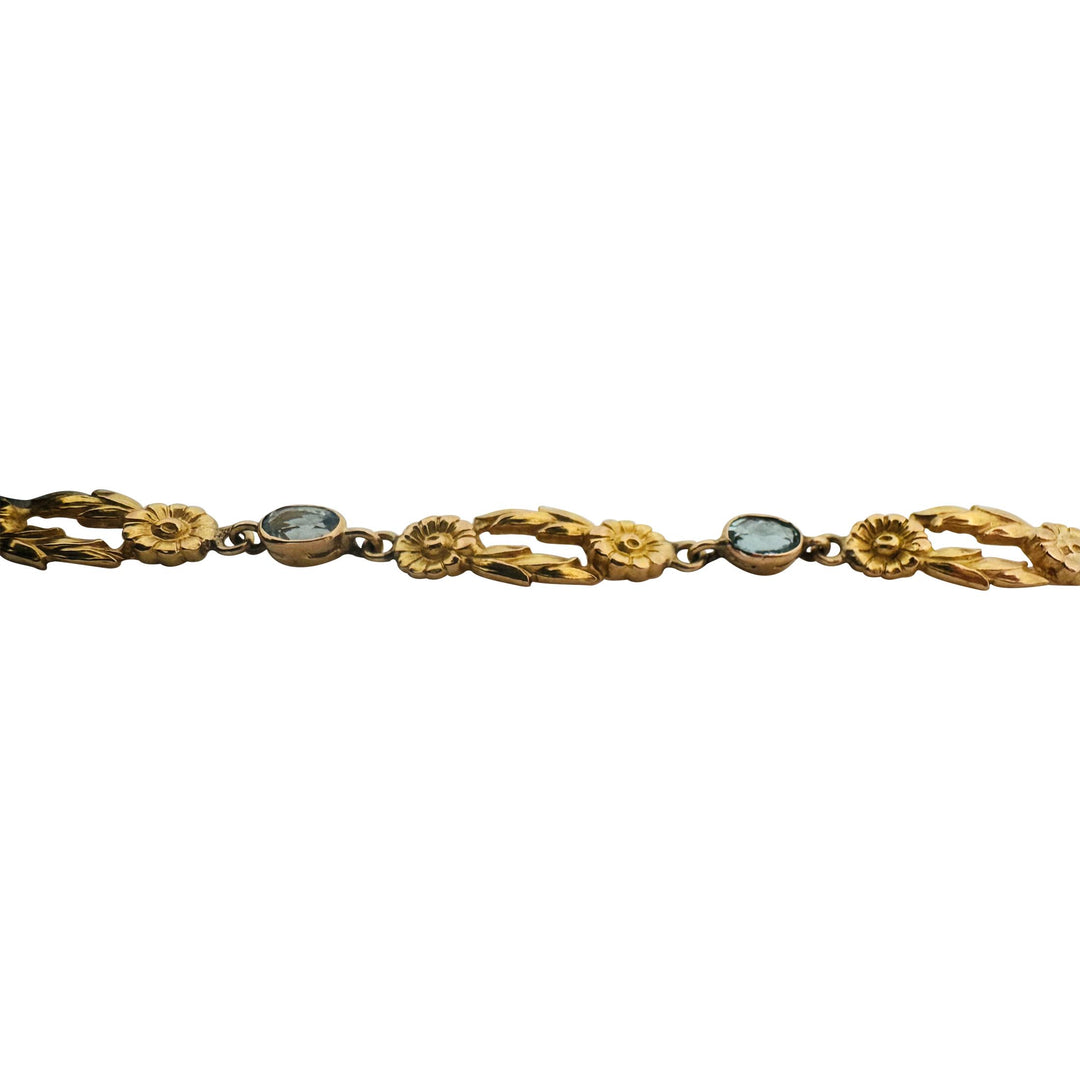 14k Yellow Gold and Aquamarine 12g Solid Fancy Floral Link Bracelet 8"