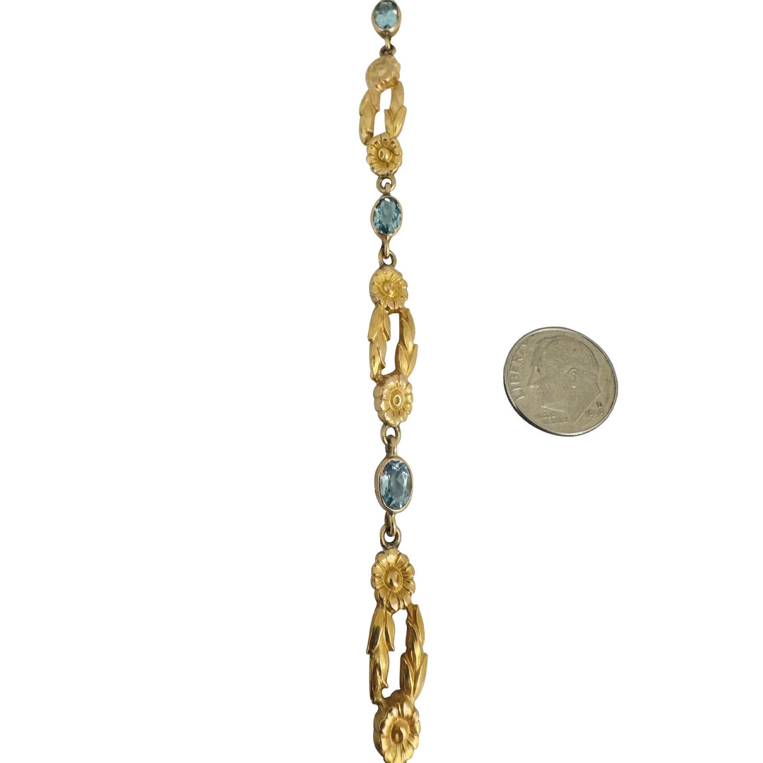 14k Yellow Gold and Aquamarine 12g Solid Fancy Floral Link Bracelet 8"