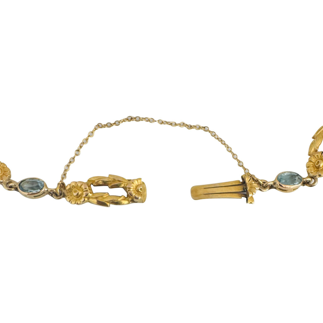 14k Yellow Gold and Aquamarine 12g Solid Fancy Floral Link Bracelet 8"