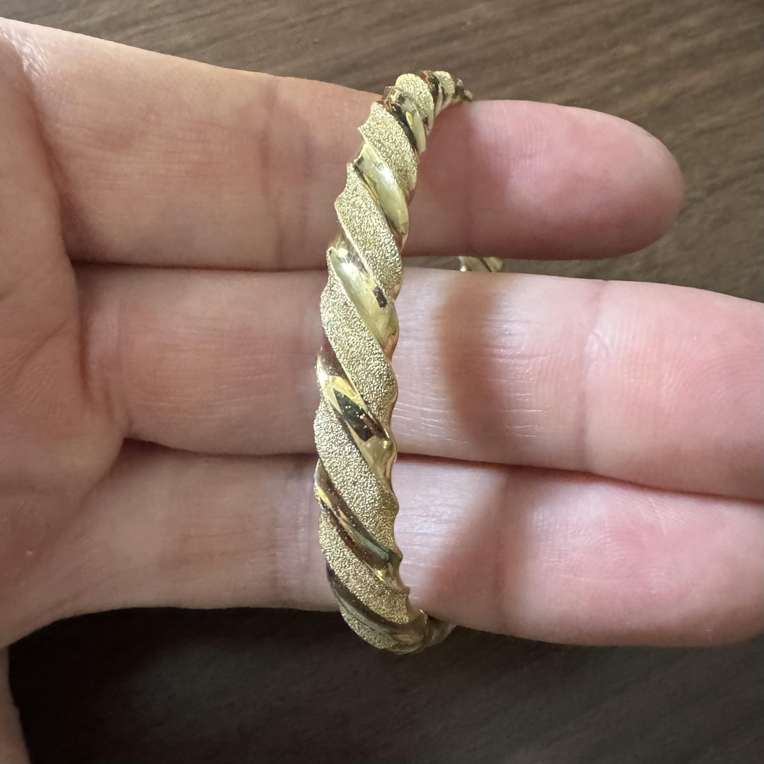14k Yellow Gold 12g Textured and Polished Twisted Bangle Bracelet 7"