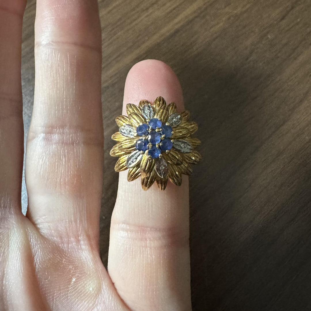 18k Yellow and White Gold Sapphire and Diamond Vintage Floral Ring Size 4.25