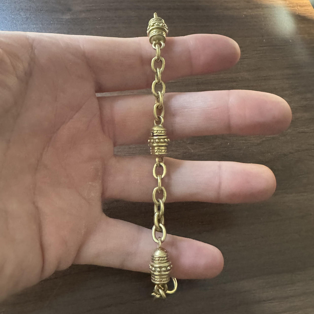 18k Yellow Gold 31g Solid Heavy Vintage Cable Link Barrel Station Bracelet 7"