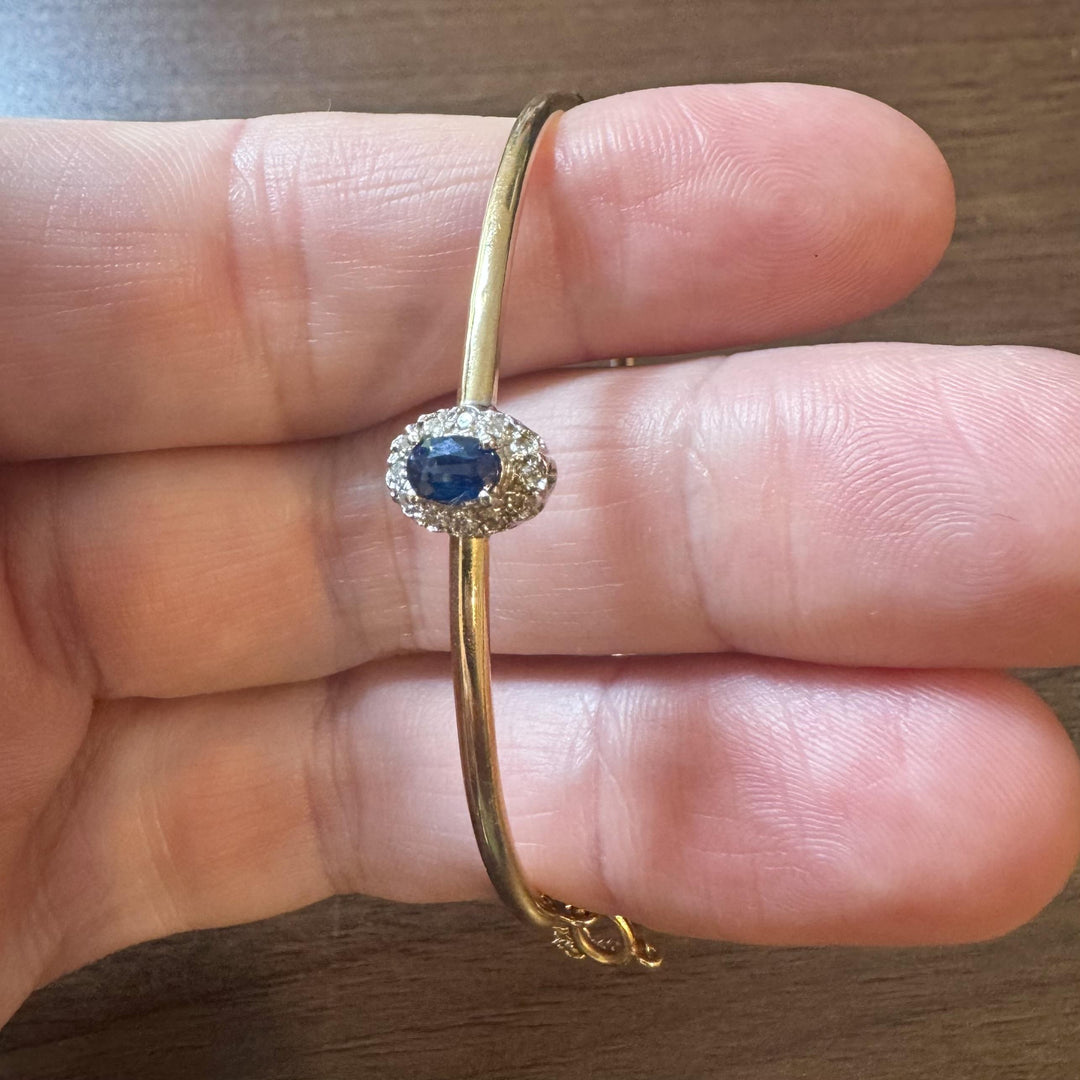 14k Yellow Gold Blue Sapphire and Diamond Halo Bangle Bracelet 6.75"