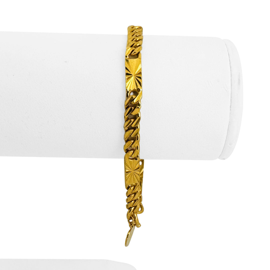 24k Pure Yellow Gold 18.2g Solid Diamond Cut Station Curb Link Bracelet 6.5"