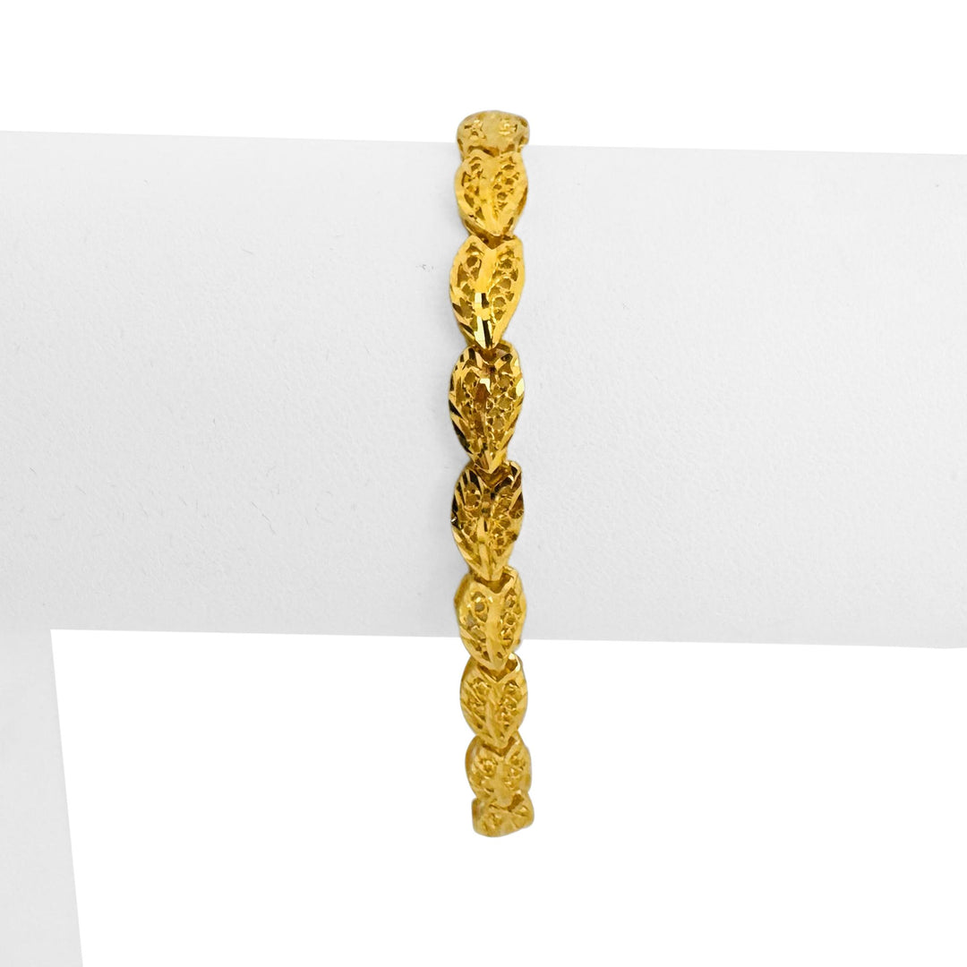 24k Pure Yellow Gold 8.9g Solid Diamond Cut Fancy Heart Link Bracelet 6.5"