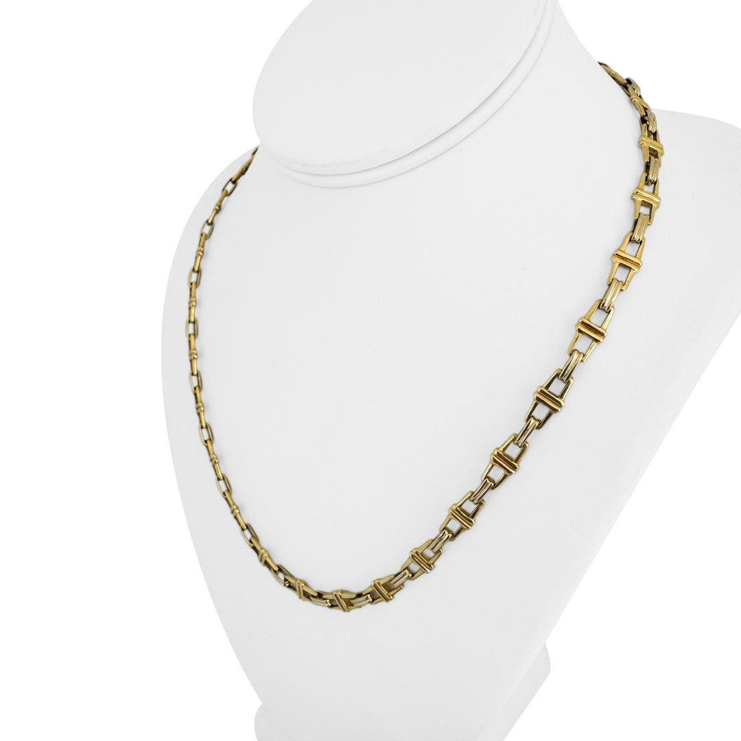 18k Yellow and White Gold 39.4g Solid Heavy Fancy Square Link Necklace Italy 20"