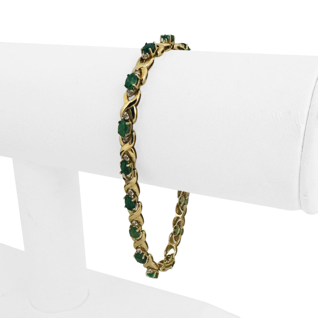 14k Yellow Gold Emerald and Diamond 9.2g Ladies X Link Bracelet 7.25"