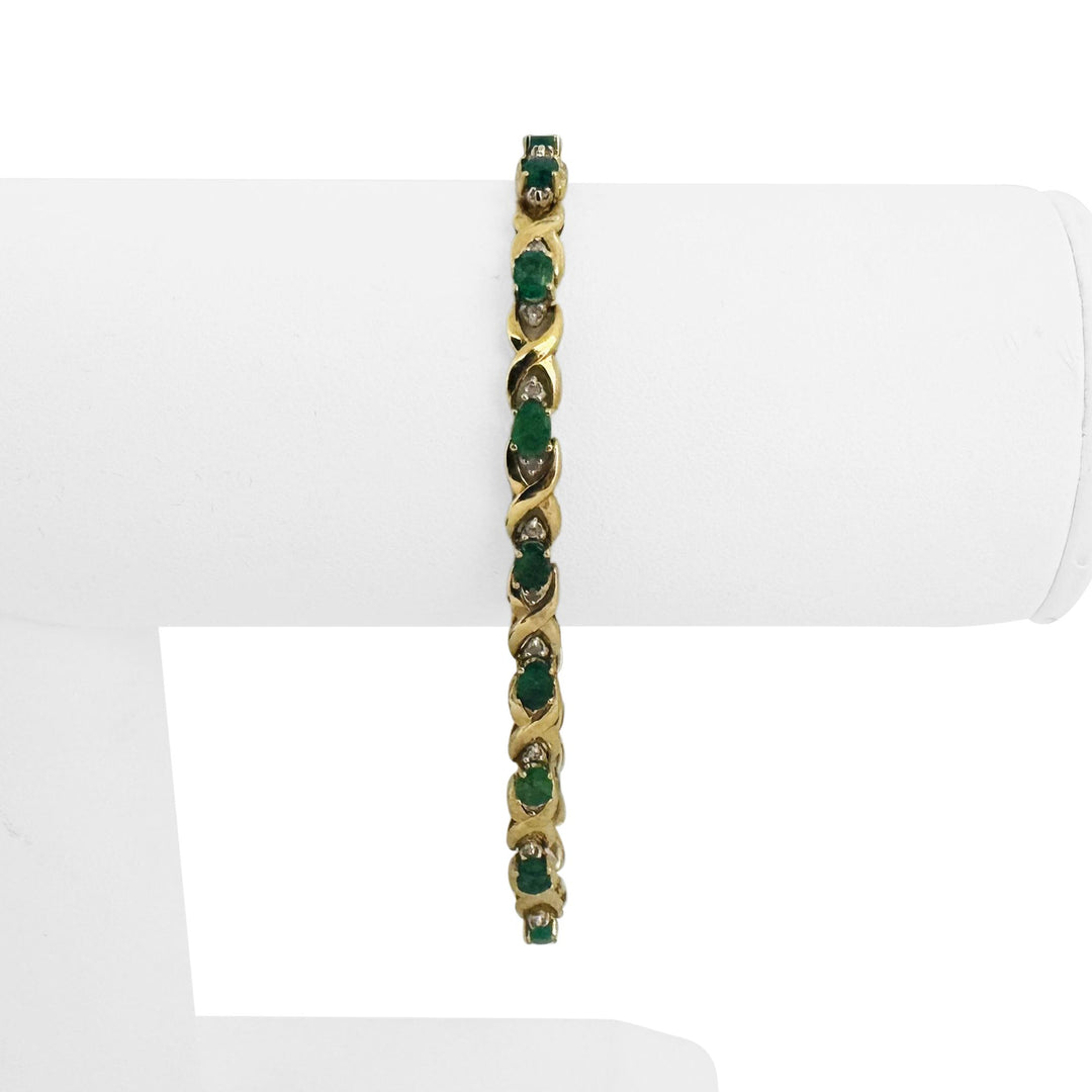 14k Yellow Gold Emerald and Diamond 9.2g Ladies X Link Bracelet 7.25"