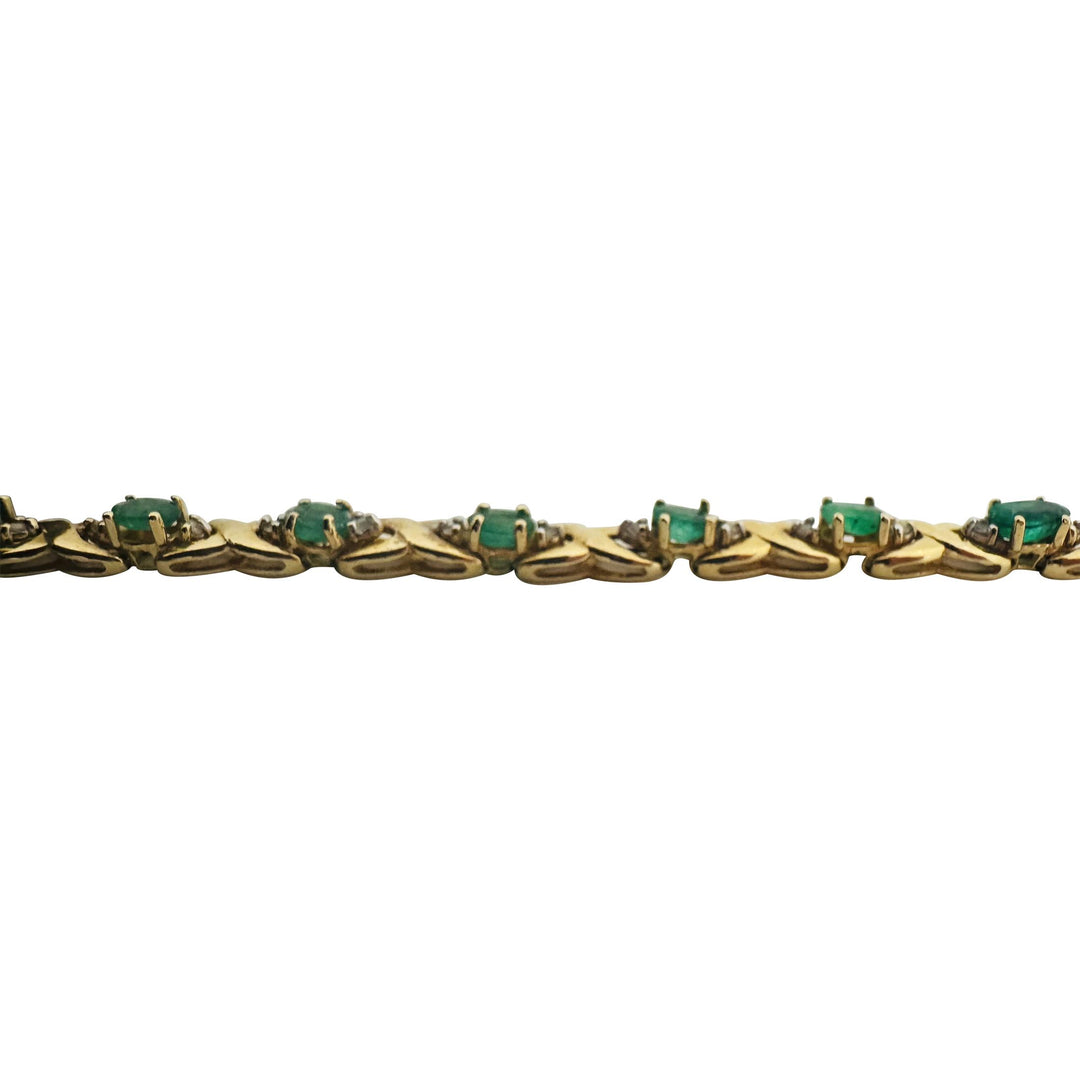 14k Yellow Gold Emerald and Diamond 9.2g Ladies X Link Bracelet 7.25"