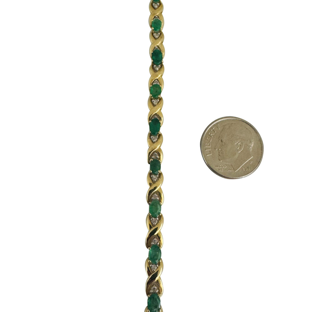 14k Yellow Gold Emerald and Diamond 9.2g Ladies X Link Bracelet 7.25"