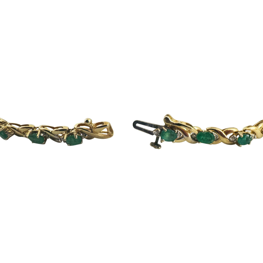 14k Yellow Gold Emerald and Diamond 9.2g Ladies X Link Bracelet 7.25"