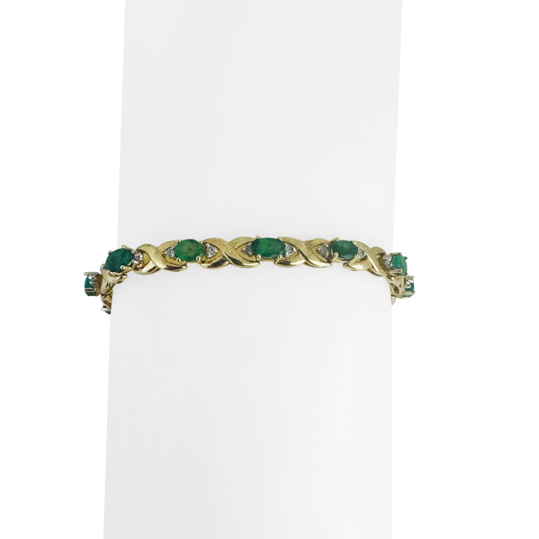14k Yellow Gold Emerald and Diamond 9.2g Ladies X Link Bracelet 7.25"