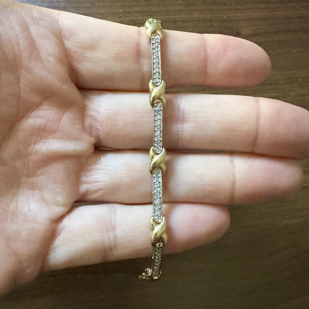 14k Yellow and White Gold 1cttw Diamond X Bar Link Bracelet 7.75"