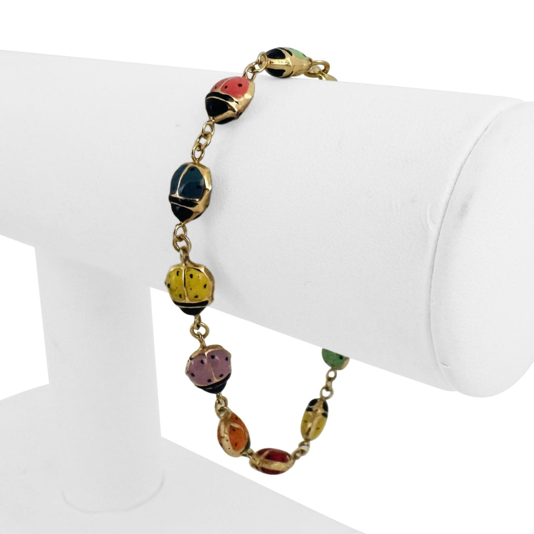 14k Yellow Gold and Enamel 3.6g Light Hollow Ladybug Link Bracelet 7"
