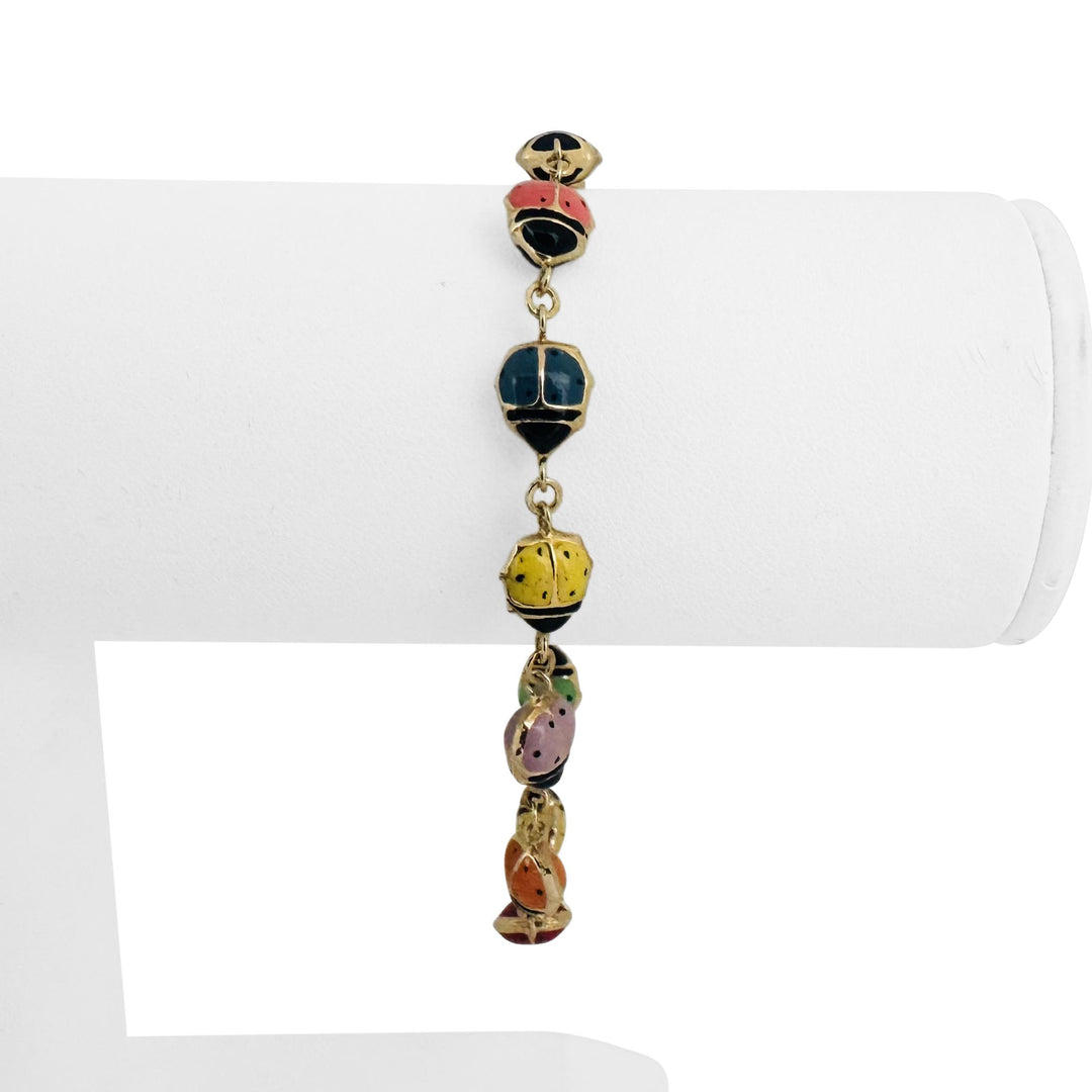 14k Yellow Gold and Enamel 3.6g Light Hollow Ladybug Link Bracelet 7"