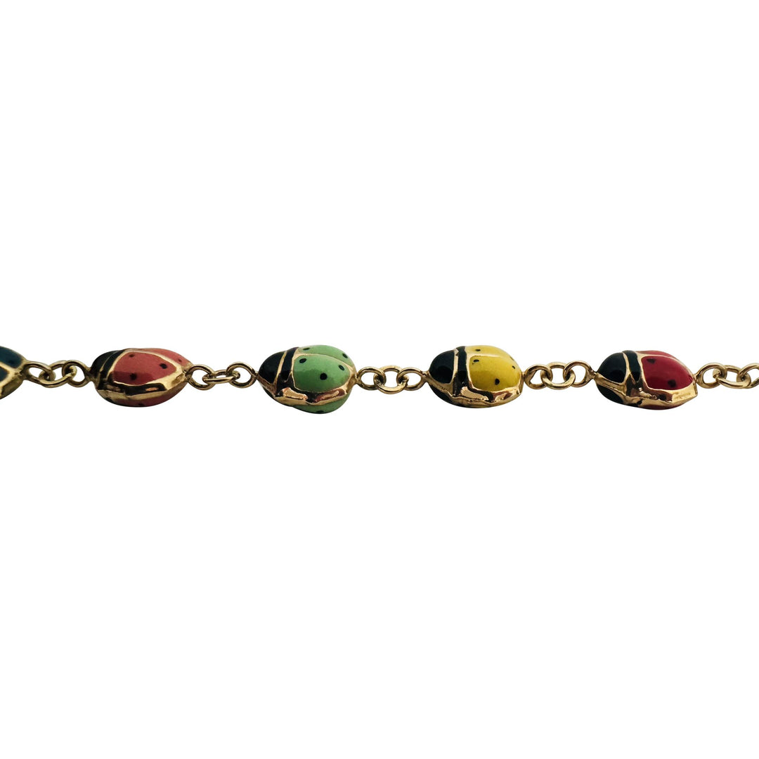 14k Yellow Gold and Enamel 3.6g Light Hollow Ladybug Link Bracelet 7"