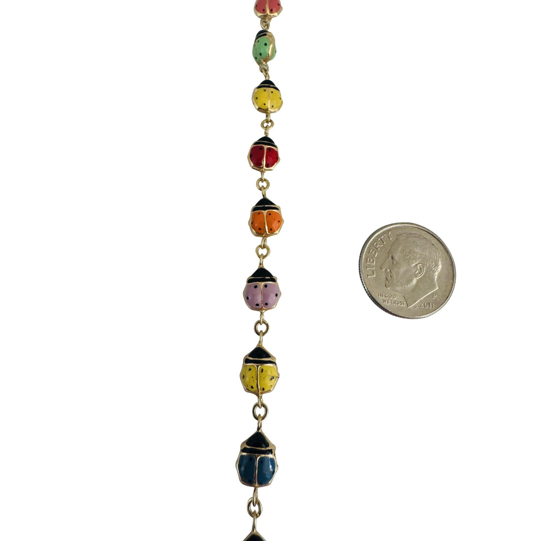 14k Yellow Gold and Enamel 3.6g Light Hollow Ladybug Link Bracelet 7"